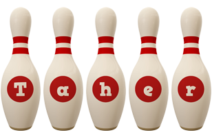 Taher bowling-pin logo